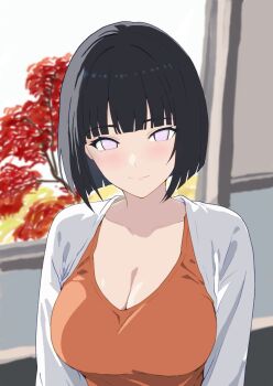 1girl autumn autumn_leaves black_hair blush bob_cut boruto:_naruto_next_generations breasts cleavage closed_mouth collarbone commentary_request highres hyuuga_hinata indoors jacket large_breasts leaf looking_at_viewer naruto_(classic) naruto_(series) no_pupils norawanta open_clothes open_jacket orange_shirt scoop_neck shirt short_hair smile solo tree upper_body white_eyes white_jacket
