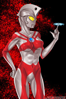 1girl abs absurdres alien black_background blue_gem breasts collarbone color_timer colored_skin commentary compound_eyes covered_navel cowboy_shot dorsal_fin english_commentary forehead_jewel gem genderswap genderswap_(mtf) giant giantess glowing glowing_eyes gluteal_fold hand_on_own_hip hand_up highres index_finger_raised looking_ahead medium_breasts multicolored_skin neo_phantom no_pupils pixiv_username red_background red_skin red_theme reddit_username silver_skin splatter_background tokusatsu toned toned_female two-tone_skin ultra_series ultra_slash ultraman_ace ultraman_ace_(series) yellow_eyes