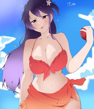 1girl absurdres bambietta_basterbine bare_shoulders bikini bleach bleach:_brave_souls bleach:_sennen_kessen-hen breasts cloud collarbone female_focus hair_ornament highres large_breasts long_hair navel official_alternate_costume purple_hair quincy_(bleach) shiny_skin sky sternritter swimsuit tk.nahee tongue tongue_out