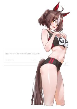 1girl ahoge animal_ears bare_arms black_buruma black_sports_bra blush brown_eyes brown_hair brown_tail buruma commentary_request crop_top ear_ornament gran_alegria_(umamusume) hair_between_eyes hair_intakes herohero_(higashi_no_dou) highres horse_ears horse_girl horse_tail looking_at_viewer midriff multicolored_hair navel open_mouth request_inset short_hair simple_background smile solo sports_bra standing stomach streaked_hair tail thighs twintails umamusume white_background white_streaks