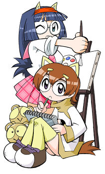 2girls :> aina_(toranoana) animal animal_ear_headband animal_ears aqua_eyes black_eyes black_outline blue_hair blunt_bangs book book_stack breasts brown_collar brown_footwear brown_fur brown_tail brown_trim canvas_(object) collar collared_dress collared_shirt colored_sclera contrast_collar cross cross_necklace cub dress fake_animal_ears flipped_hair full_body glasses glasses_kauberu_kotora hair_ornament hairclip headband holding holding_animal holding_book holding_paint_palette holding_paintbrush holding_paint_palette holding_pencil holding_sketchbook jewelry kauberu_kotora kneehighs knees_together_feet_apart large_breasts latin_cross legs_together light_brown_hair long_hair looking_at_another looking_at_viewer mukku_(mook-tv) multiple_girls necklace necktie official_art one_eye_closed open_mouth outline paint paint_palette paintbrush paint_palette pencil pink_necktie pink_sailor_collar pink_skirt plaid_clothes plaid_necktie plaid_skirt pleated_skirt purple_eyes red_headband rimless_eyewear round_eyewear sailor_collar second-party_source semi-rimless_eyewear shirt shoes short_hair sidelocks simple_background sketchbook skirt small_pupils smilo_(toranoana) sneakers socks sparkle straight_hair striped_collar thighhighs tiger tiger_ears tongue tora_da_yo. toranoana turtleneck turtleneck_dress two-tone_footwear under-rim_eyewear very_long_hair white-framed_eyewear white_background white_dress white_footwear white_shirt white_sleeves white_socks yellow_sclera yellow_thighhighs