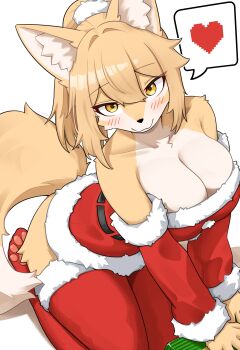 1girl :3 absurdres animal_ears animal_nose bare_shoulders blush body_fur breasts cleavage closed_mouth commentary detached_sleeves english_commentary fox_ears fox_girl fox_tail furry furry_female hair_between_eyes highres jeifier_(korfiorano01) large_breasts orange_fur original pawpads ponytail santa_claus seiza sitting snout tail two-tone_fur white_fur yellow_eyes