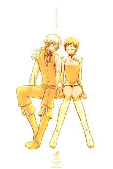 1boy 1girl allen_walker ankle_tattoo asukawvm bare_arms barefoot belt boots buttons character_name chinese_clothes closed_eyes collared_shirt creature creature_on_shoulder cross d.gray-man dress_shirt earrings eyelashes facial_mark facing_another facing_viewer forehead_mark golem_(d.gray-man) hair_between_eyes hand_tattoo highres holding_hands horns invisible_chair jewelry legs lenalee_lee long_sleeves mandarin_collar messy_hair no_pants on_shoulder pants parted_lips pixie_cut ribbon scar scar_across_eye scar_on_face shirt short_hair short_sleeves sidelocks simple_background sitting smile star_(symbol) star_facial_mark stud_earrings tail tattoo thighs timcanpy vest white_background wings yellow_theme