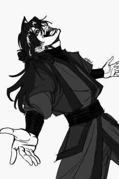 Rule 34 | 1boy, :d, absurdres, black eyes, black hair, black robe, black tunic, cowboy shot, crazy grin, gojou satoru, highres, jujutsu kaisen, long hair, open mouth, outstretched arms, red pupils, robe, scene reference, screaming, sh1fted 1, shadow slave, smile, sunny (shadow slave), tunic