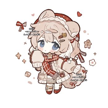 1girl animal_ears bear_ears bear_girl blue_eyes blush_stickers brown_cardigan brown_hair cardigan checkerboard_cookie chibi chibi_only closed_mouth cookie double-parted_bangs food full_body gingerbread_man hand_up hat highres long_sleeves looking_at_viewer original red_hat red_scarf red_shoes scarf shoes short_hair simple_background sleeves_past_fingers sleeves_past_wrists socks solo standing thick_eyebrows white_background white_socks zhixiao