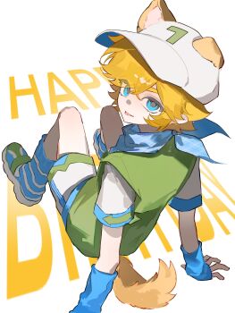 Rule 34 | 1boy, :p, alternate costume, animal ears, aotu world, baseball cap, blonde hair, blue eyes, blue gloves, blue neckerchief, blue shoes, blue socks, chinese commentary, dog boy, dog ears, dog tail, english text, fingerless gloves, from behind, full body, gloves, green vest, hair between eyes, happy birthday, hat, highres, kemonomimi mode, king (aotu world), konidog, looking at viewer, looking back, loose socks, male focus, neckerchief, pointy ears, shirt, shoes, short hair, short sleeves, shorts, simple background, sitting, smile, sneakers, socks, solo, tail, tongue, tongue out, vest, white background, white shirt, white shorts