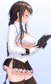 1girl absurdres braid breasts brown_hair cleavage collared_shirt gloves highres large_breasts long_hair minamoto_natsuki miniskirt monokini nukigee_mitai_na_shima_ni_sunderu_watashi_wa_dou_surya_ii_desu_ka? shirt simple_background single_braid skirt solo tadasugawa_rei thighs white_gloves yellow_eyes