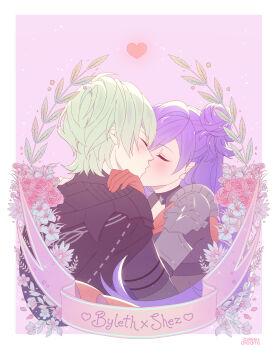1boy 1girl black_cape blush border cape character_name closed_eyes commission couple female_shez_(fire_emblem) fire_emblem fire_emblem:_three_houses fire_emblem_warriors:_three_hopes flower green_hair hair_bun heart hetero highres hug kiss long_hair loveedreams male_byleth_(awakened)_(fire_emblem) male_byleth_(fire_emblem) nintendo official_alternate_hair_color purple_background purple_hair short_hair simple_background single_side_bun vgen_commission white_border