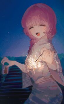 1girl alcohol_carton bocchi_the_rock! closed_eyes commentary fireworks hashtag-only_commentary highres hiroi_kikuri holding holding_carton holding_fireworks japanese_clothes kimono long_hair night open_mouth outdoors purple_hair sharp_teeth shihnji282 solo sparkler teeth white_kimono