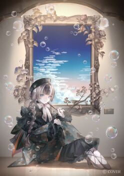 1girl black_hair black_hat blue_eyes blunt_bangs bow bowtie braid braided_ponytail bubble closed_mouth commentary_request copyright_name frilled_kimono frills full_body gloves green_kimono grey_hair grey_shoes hat high_heels highres hime_cut hololive hololive_dev_is indoors japanese_clothes juufuutei_raden kimono long_hair looking_at_viewer multicolored_hair official_art painting_(object) shoes sitting smile socks solo straight_hair two-tone_hair virtual_youtuber white_bow white_bowtie white_gloves white_socks wooden_floor yoggi_(stretchmen)