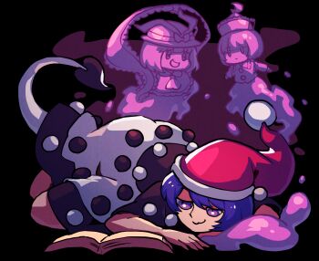 3girls :3 black_dress blob blue_eyes blue_hair book doremy_sweet dream_soul dress ghost_tail hat highres iganashi1 lunasa_prismriver lying multicolored_dress multiple_girls nagae_iku nightcap nightgown on_side one-hour_drawing_challenge pink_hat pom_pom_(clothes) short_hair short_sleeves tail tapir_tail touhou white_dress