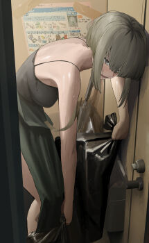 1girl absurdres bag basasyu blunt_bangs blunt_ends doorway dress grey_dress grey_eyes grey_hair highres holding holding_bag original parted_lips side_slit solo spaghetti_strap sweat trash_bag umbrella