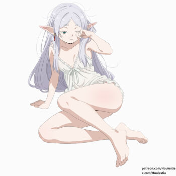 1girl absurdres alternate_costume anime_coloring bare_arms bare_legs barefoot camisole capelet collarbone commentary_request elf feet frieren full_body gradient_background green_eyes grey_background grey_hair highres houlestia legs long_hair one_eye_closed pajamas parted_bangs patreon_username pointy_ears pout rubbing_eyes sleepy smile solo sousou_no_frieren thighs toes twitter_username white_camisole white_capelet wince