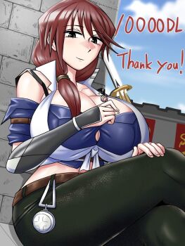 Rule 34 | 1girl, banamei, breasts, candy, celebration, dragon conqueror, food, highres, holding, holding candy, holding food, holding lollipop, large breasts, light smile, lollipop, looking at viewer, milestone celebration, official art, outdoors, smile, solo, solo focus, suzurika (banamei), sword, thank you, weapon, wooden sword