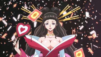 10s 1girl animated animated_gif black_background black_hair bouncing_breasts breasts card cleavage code_geass code_geass:_nunnally_in_wonderland earrings female_focus hair_ornament heart huge_filesize jewelry kimura_takahiro large_breasts long_hair marianne_vi_britannia mature_female necklace no_bra open_clothes purple_eyes screencap shiny_skin smile solo wavy_hair