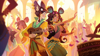 1boy 6+girls :d abaya animal_ear_piercing animal_ears arabian_clothes arch bangle big_hair black_hair blue_hair blurry blurry_background blurry_foreground blush bracelet braid breasts breasts_apart brown_hair character_request chinese_zodiac closed_eyes column commentary copyright_request dark-skinned_female dark_skin depth_of_field drum earrings english_commentary facepaint flower gloves green_eyes green_tunic hachifuku hair_flower hair_ornament harem_pants highres holding holding_instrument hoop_earrings instrument instrument_request jacket jewelry linea_alba long_hair long_sleeves looking_at_another makeup medium_breasts middle_eastern_architecture mouse_ears multicolored_hair multiple_bracelets multiple_girls music navel open_mouth outdoors palm_tree pants petals pillar playing_drum playing_instrument plectrum red_hair revealing_clothes shirt sideboob smile standing streaked_hair teeth tree tunic underboob veil very_long_hair year_of_the_rat yellow_jacket