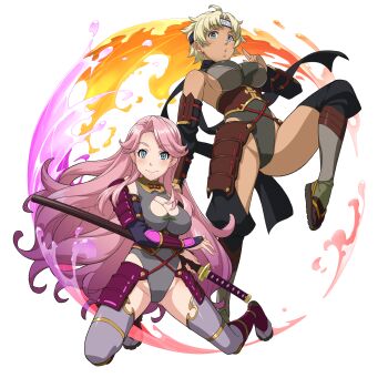 2girls aqua_eyes armor blonde_hair blue_eyes breasts cleavage_cutout clothing_cutout earrings emily_orange forehead_protector game_cg headband highres holding holding_sword holding_weapon japanese_armor jennifer_peach jewelry kandagawa_jet_girls katana kote kusazuri large_breasts leotard long_hair looking_at_viewer multiple_girls naruko_hanaharu ninja non-web_source official_art parted_lips pink_hair sheath sheathed short_hair shoulder_armor sideboob smile sode standing standing_on_one_leg stud_earrings sword tabi tan transparent_background weapon