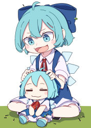 Rule 34 | 2girls, absurdres, black footwear, blue bow, blue dress, blue eyes, blue footwear, blue hair, blush stickers, bow, cirno, closed eyes, closed mouth, collared shirt, dress, dual persona, fairy, fang, fumo (doll), hair between eyes, hair bow, highres, ice, ice wings, kame (kamepan44231), multiple girls, open mouth, shirt, shoes, short hair, short sleeves, simple background, sitting, skin fang, smile, touhou, white background, white shirt, wings