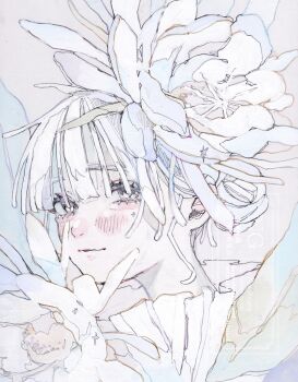 1girl aegyo_sal blush closed_mouth eyelashes flower hair_bun hair_flower hair_ornament highres looking_at_viewer oka_yuuri original painting_(medium) portrait solo traditional_media watercolor_(medium) watermark white_eyes white_hair white_theme wispy_bangs
