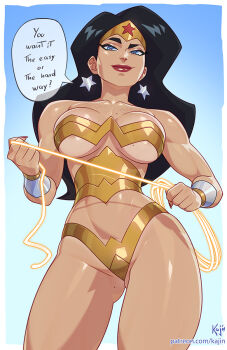 1girl armor bikini_armor black_hair blue_eyes body_freckles breasts chest_freckles commentary dc_comics earrings english_commentary eyeliner freckles gluteal_fold highres holding_lasso jewelry kajin_(kajinman) large_breasts lasso lipstick looking_at_viewer makeup mole mole_on_breast mole_on_thigh nail_polish red_lips red_nails solo wonder_woman