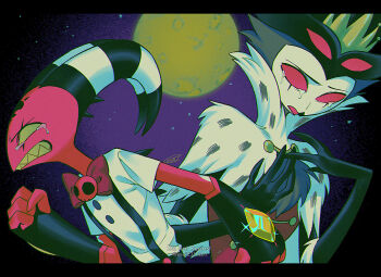 2boys beak black_horns black_pants blitzo_(helluva_boss) bow bowtie brooch chromatic_aberration clenched_hand clenched_teeth colored_sclera colored_skin colored_teeth commentary_request crying crying_with_eyes_open demon_boy demon_horns extra_eyes feathers fewer_digits film_grain full_moon furrowed_brow furry furry_male gold_buttons gold_tiara hands_on_own_chest hands_up hellaverse helluva_boss highres horns jewelry letterboxed looking_ahead looking_at_viewer male_focus menma_(enaic31) moon multicolored_horns multiple_boys open_mouth outdoors owl_boy pants purple_sky red_bow red_bowtie red_eyes red_sclera red_shirt red_skin scar_across_eyes sharp_teeth shirt short_sleeves signature simple_background skull_brooch sky stolas_(helluva_boss) striped_horns suspenders t-shirt tears teeth tiara traditional_bowtie twitter_username two-tone_horns upper_body v-shaped_eyebrows watermark white_horns white_shirt yellow_sclera yellow_teeth