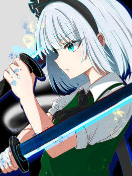 Rule 34 | 1girl, absurdres, aqua eyes, ascot, black ascot, black hairband, citronroll, closed mouth, commentary request, from side, green vest, grey hair, hairband, hand up, highres, holding, holding sword, holding weapon, katana, konpaku youmu, puffy short sleeves, puffy sleeves, shirt, short hair, short sleeves, solo, sword, touhou, upper body, vest, weapon, white shirt