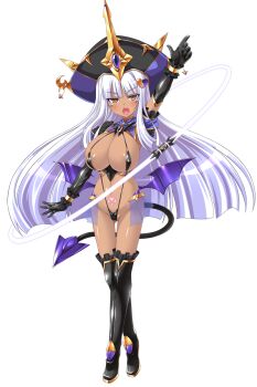 1girl aoi_masami areola_slip arm_up black_gloves blush boots breasts crescent dark-skinned_female dark_skin demon_girl demon_tail demon_wings doumyouji_kotetu elbow_gloves full_body game_cg gloves hair_ornament hat highres huge_breasts large_variant_set long_hair looking_at_viewer navel non-web_source official_art open_mouth pointing pointing_up pubic_tattoo slave_gear slave_rain slingshot_swimsuit solo swimsuit tail tattoo thigh_boots thighhighs transparent_background ts_magical_girl_nao variant_set whip white_hair wings yellow_eyes