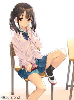 1girl black_socks blue_bow blue_shirt blue_skirt bow breasts brown_eyes brown_hair cardigan chair closed_mouth collared_shirt commentary_request desk flat_chest knee_up koutaro looking_at_viewer on_chair original pleated_skirt school_chair school_desk school_uniform shirt shoes skirt small_breasts smile socks solo twintails twitter_username uwabaki white_background white_cardigan white_shoes