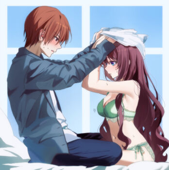 1boy 1girl a-chan_(little_busters!) alternate_costume arms_up blue_eyes blush bra breasts brown_eyes brown_hair casual cleavage commentary_request couple eyelashes eyes_visible_through_hair from_side green_bra green_panties height_difference hetero highres indoors lingerie little_busters! long_hair long_sleeves looking_at_another looking_down medium_breasts miiizuno_lbs motion_lines natsume_kyousuke navel on_bed open_mouth panties parted_lips profile shirt short_hair side-tie_panties sidelocks sitting stomach sweat sweatdrop tsurime underwear underwear_only undressing undressing_another unworn_shirt v-shaped_eyebrows very_long_hair wavy_hair