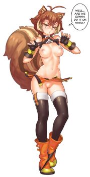 1girl animal_ears arc_system_works assertive_female bad_id bad_pixiv_id bare_shoulders black_panties black_thighhighs blazblue blazblue:_continuum_shift boots breasts brown_eyes brown_hair clothes_lift english_text erotibot fat_mons female_focus fingerless_gloves full_body gloves highres large_breasts looking_at_viewer makoto_nanaya microskirt midriff miniskirt multicolored_hair navel nipples orange_skirt panties panties_around_ankles panty_pull presenting puckered_lips pussy shirt_lift short_hair simple_background skirt solo squirrel_ears squirrel_tail standing stomach tail thighhighs thong transparent_background two-tone_hair uncensored underwear underwear_around_leg upskirt white_background wind wind_lift