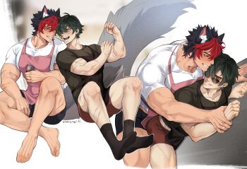 2boys absurdres animal_ear_fluff animal_ears apron arms_up black_hair black_male_underwear black_shirt black_socks commentary eye_contact fartingdoggi flexing grin hand_on_another's_wrist highres holding komano_manato lighter_(zenless_zone_zero) looking_at_another male_focus male_underwear multicolored_hair multiple_boys multiple_views muscular muscular_male open_mouth parted_hair pink_apron red_hair red_male_underwear scar scar_on_leg shirt smile socks sunglasses symbol-only_commentary tail teeth twitter_username two-tone_hair underwear white_shirt wolf_boy wolf_ears wolf_tail yaoi zenless_zone_zero