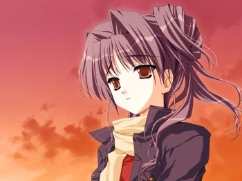 1girl doko_e_iku_no_ano_hi evening game_cg kanno_touko looking_afar mogi_kazuha non-web_source outdoors purple_hair red_eyes sad scarf side_ponytail sky sweater upper_body