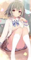 Rule 34 | 1girl, blue bow, blue bowtie, blush, bow, bowtie, breasts, brown hair, feet out of frame, hair ornament, hairclip, highres, kneehighs, knees together feet apart, komone ushio, long sleeves, looking at viewer, medium breasts, orange eyes, original, petals, pointing, pointing at self, school uniform, sidelocks, sitting, smile, socks, solo