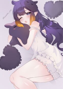 1girl ;o blue_eyes gradient_hair heart heart-shaped_pillow highres hololive hololive_english long_hair lying multicolored_hair nightgown ninomae_ina&#039;nis on_side one_eye_closed orange_hair pillow pointy_ears purple_hair shorts stedella_qwq takodachi_(ninomae_ina&#039;nis) tentacle_hair virtual_youtuber white_nightgown white_shorts