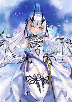 1girl absurdres blush breasts bride clothing_cutout dragon_wings dress elbow_gloves falling_petals fate/grand_order fate_(series) forked_eyebrows gloves hair_ribbon highres horns klash long_hair looking_at_viewer melusine_(celebratory_attire)_(fate) melusine_(fate) navel_cutout open_hands outdoors outstretched_arm outstretched_hand palms parted_lips pelvic_curtain petals reaching reaching_towards_viewer ribbon showgirl_skirt side_cutout sidelocks small_breasts smile solo spread_fingers thighhighs thighs twintails wedding white_dress white_gloves white_hair white_thighhighs wings yellow_eyes