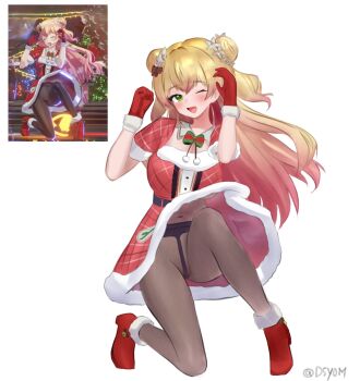 1girl alternate_costume black_pantyhose blonde_hair breasts d5y0m double_bun dress fang flower fur-trimmed_dress fur-trimmed_gloves fur-trimmed_shoes fur_trim gloves gradient_hair green_eyes hair_bun hair_flower hair_ornament highres hololive large_breasts momosuzu_nene multicolored_hair one_eye_closed pantyhose photo-referenced pink_hair red_dress red_gloves red_shoes santa_costume santa_dress shoes skin_fang smile solo two_side_up virtual_youtuber white_background