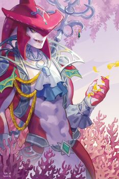 1boy armor artist_name ascot blue_ascot claws colored_skin coral cow dated falling_petals fins fish_boy head_fins highres male_focus midriff monster_boy multicolored_skin nintendo open_mouth petals red_skin sharp_teeth shoulder_armor sidon silver_trim skirt slit_pupils smile solo teeth the_legend_of_zelda the_legend_of_zelda:_tears_of_the_kingdom two-tone_skin whistle whistle_around_neck white_skirt yellow_eyes yukinnn zora