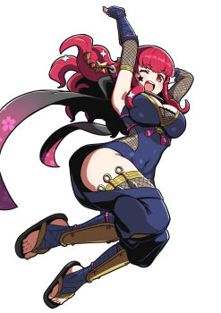 1girl absurdres black_scarf bodystocking cianter facial_mark fire_emblem fire_emblem_engage fire_emblem_heroes fishnet_bodystocking fishnet_thighhighs fishnets gradient_scarf hair_ornament highres ninja nintendo one_eye_closed open_mouth scarf shuriken_hair_ornament star_(symbol) star_facial_mark star_hair_ornament thighhighs yunaka_(fire_emblem) yunaka_(stealthy_imitator)_(fire_emblem)