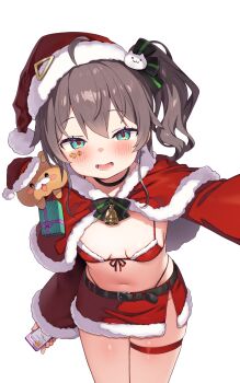 Rule 34 | 1girl, absurdres, ahoge, aqua eyes, ayaoshiro, bikini, black choker, blush, bow, bowtie, box, breasts, brown hair, capelet, choker, christmas, cowboy shot, detached sleeves, front-tie bikini top, front-tie top, fur-trimmed capelet, fur-trimmed headwear, fur-trimmed skirt, fur trim, gift, gift box, hat, highres, hololive, long hair, looking at viewer, miniskirt, natsuiro matsuri, open mouth, outstretched arm, red bikini, red capelet, red hat, red skirt, santa hat, side ponytail, side slit, skindentation, skirt, small breasts, smile, solo, string bikini, swimsuit, thigh strap, transparent background, virtual youtuber