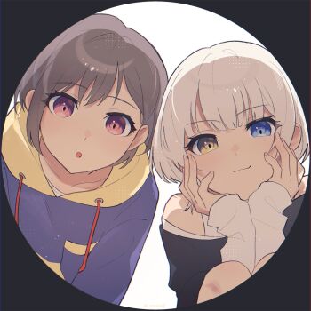 2girls bang_dream! bang_dream!_it&#039;s_mygo!!!!! black_shirt blue_eyes blue_hoodie closed_mouth commentary drawstring grey_hair hands_on_own_face hashtag-only_commentary heterochromia highres hood hoodie kaname_raana looking_at_viewer multiple_girls off-shoulder_shirt off_shoulder parted_lips pink_eyes shirt short_hair smile takamatsu_tomori two-tone_hoodie umaa42 white_hair yellow_eyes yellow_hoodie