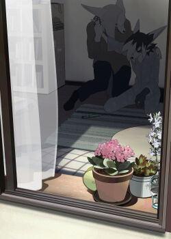 1boy 1girl angry animal_ears animal_print asymmetrical_hair black_eyes black_footwear black_hair black_pants blue_pajamas blue_pants blue_shirt bookshelf boxcutter carpet commentary_request curtains dark day dog_boy dog_ears dog_girl flower from_outside full_body furry furry_female furry_male green_sweater grey_hair growling hair_over_shoulder highres holding_another&#039;s_wrist implied_self-harm kneeling long_hair long_sleeves multicolored_hair original pajamas pants pawpads pink_flower plant potted_plant rabbit_print scenery shirt short_hair sliding_doors sweater taracod two-tone_hair watering_can white_flower white_hair