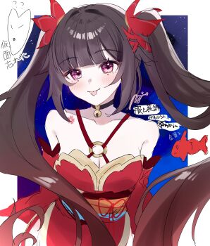 Rule 34 | 1girl, absurdres, bare shoulders, bell, black choker, blunt bangs, blush, breasts, brown hair, choker, cleavage, closed mouth, commentary request, cowboy shot, dress, hair ribbon, highres, honkai: star rail, honkai (series), long hair, looking at viewer, medium breasts, miyu 10969, neck bell, red dress, red ribbon, ribbon, smile, solo, sparkle (honkai: star rail), tongue, tongue out, translation request, twintails