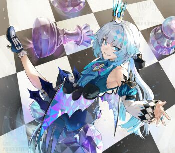 1girl black_ribbon blue_dress blue_eyes blue_shirt cerydra_(honkai:_star_rail) chess_piece chessboard closed_mouth crown diamond-shaped_pupils diamond_(shape) dress grin highres honkai:_star_rail honkai_(series) king_(chess) knight_(chess) long_hair long_sleeves looking_at_viewer mini_crown multicolored_hair pawn_(chess) queen_(chess) ribbon rook_(chess) shirt smile symbol-shaped_pupils yukii91218