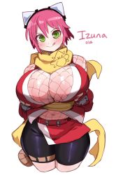 Rule 34 | 1girl, bare shoulders, breasts, cleavage, cropped legs, fingerless gloves, fishnets, gloves, goggles, gouma reifuden izuna, green eyes, highres, huge breasts, izuna (gouma reifuden izuna), licking lips, lightsource, ninja, pink hair, scarf, short hair, sketch, smile, solo, thick thighs, thighs, tongue, tongue out, wide hips