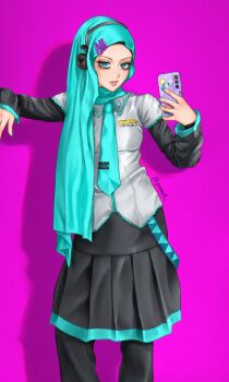 Rule 34 | 1girl, aegyo sal, aqua eyes, aqua hijab, aqua nails, aqua necktie, black pants, black skirt, black sleeves, blue eyes, blue hijab, cellphone, collared shirt, commentary, english commentary, grey shirt, hair ornament, hairclip, hatsune miku, headphones, highres, hijab, holding, holding phone, layered sleeves, lips, long eyelashes, long sleeves, looking at viewer, islam, necktie, paeesa, pants, pants under skirt, phone, pleated skirt, purple background, selfie, shirt, simple background, skirt, smartphone, solo, sticker, tie clip, vocaloid, worldwide miku