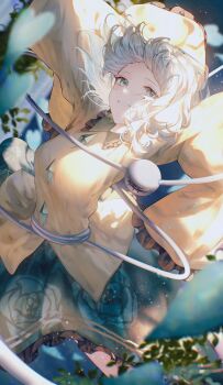 1girl absurdres arms_up batory_ken breasts buttons commentary_request diamond_button floating_hair floral_print frilled_shirt_collar frilled_skirt frilled_sleeves frills green_skirt highres komeiji_koishi long_sleeves looking_at_viewer medium_breasts no_headwear parted_lips print_skirt puffy_sleeves rose_print shirt short_hair skirt smile solo sparkle third_eye touhou white_hair wide_sleeves yellow_shirt