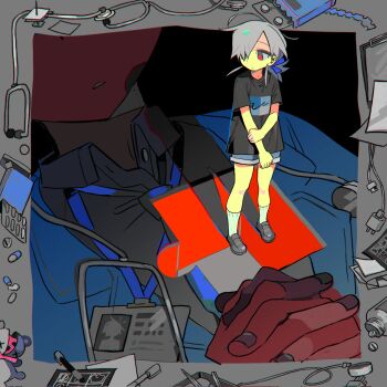 Rule 34 | 1girl, black shirt, blue shorts, border, cable, clipboard, closed mouth, collage, collared shirt, commentary request, full body, grey hair, hair over one eye, hair ribbon, highres, id card, jacket, loafers, mini person, minigirl, mk1liaoqian, necktie, original, own hands together, paper, pill, ponytail, red eyes, ribbon, scissors, shirt, shoes, short sleeves, shorts, socks, solo, standing, stethoscope, stuffed animal, stuffed toy, surreal, symbolism, t-shirt, teddy bear, white socks