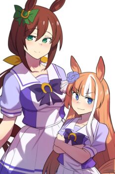 2girls akikawa_yayoi_(umamusume) animal_ears blue_eyes blush bow bowtie breasts brown_hair closed_mouth collarbone commentary crossed_arms ear_bow english_commentary fang flower green_bow green_eyes hair_between_eyes hayakawa_tazuna hinghoi horse_ears horse_girl horse_tail long_hair looking_at_viewer medium_breasts multicolored_hair multiple_girls orange_hair pleated_skirt ponytail puffy_short_sleeves puffy_sleeves purple_bow purple_bowtie purple_shirt sailor_collar sailor_shirt school_uniform shirt short_sleeves simple_background skin_fang skirt smile streaked_hair tail tracen_school_uniform umamusume white_background white_hair white_sailor_collar white_skirt