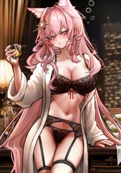 1girl alcohol animal_ears arknights black_bra black_garter_belt black_garter_straps black_panties bra breasts building cup curtains drunk dsr147g garter_belt garter_straps highres holding holding_cup indoors lamp large_breasts long_hair mixed-language_commentary navel night night_sky panties pink_eyes pink_hair pozyomka_(arknights) robe sky skyscraper solo stomach thighs underwear very_long_hair whiskey white_robe wolf_ears wolf_girl