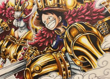 1boy 1girl aircraft airplane alternate_costume alternate_form armor armored_boots bare_shoulders black_hair blade blush boots breasts cape crown curvy daichan_op dress feathers floating fortissimo fur_trim gauntlets gloves glowing glowing_eyes gold grin hair_ornament hair_over_one_eye hat headphones highleg highleg_leotard highres holding holding_shield idol jacket jacket_on_shoulders jet jetpack lance large_breasts leotard long_hair long_sleeves looking_to_the_side mechanical_arms mechanical_legs monkey_d._luffy multicolored_hair oda_eiichirou_(style) official_alternate_costume official_style one_piece one_piece_film:_red pale_skin polearm purple_eyes red_hair resized shield simple_background smile squatting straw_hat teamwork thick_thighs thighs turtleneck two-tone_hair uta_(one_piece) very_long_hair weapon white_hair white_leotard wide_hips